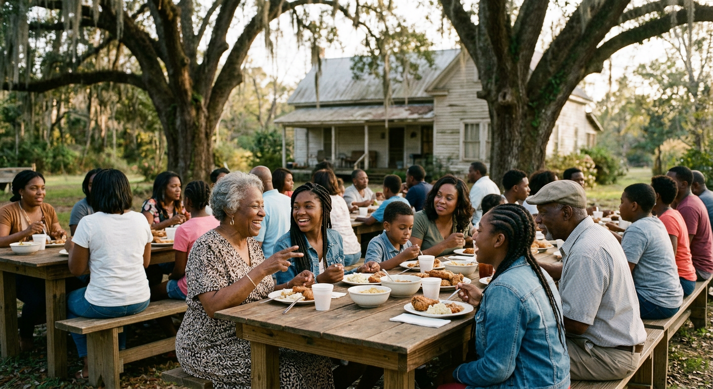 An intergenerational Black family gathered at long tables under oak trees on family land