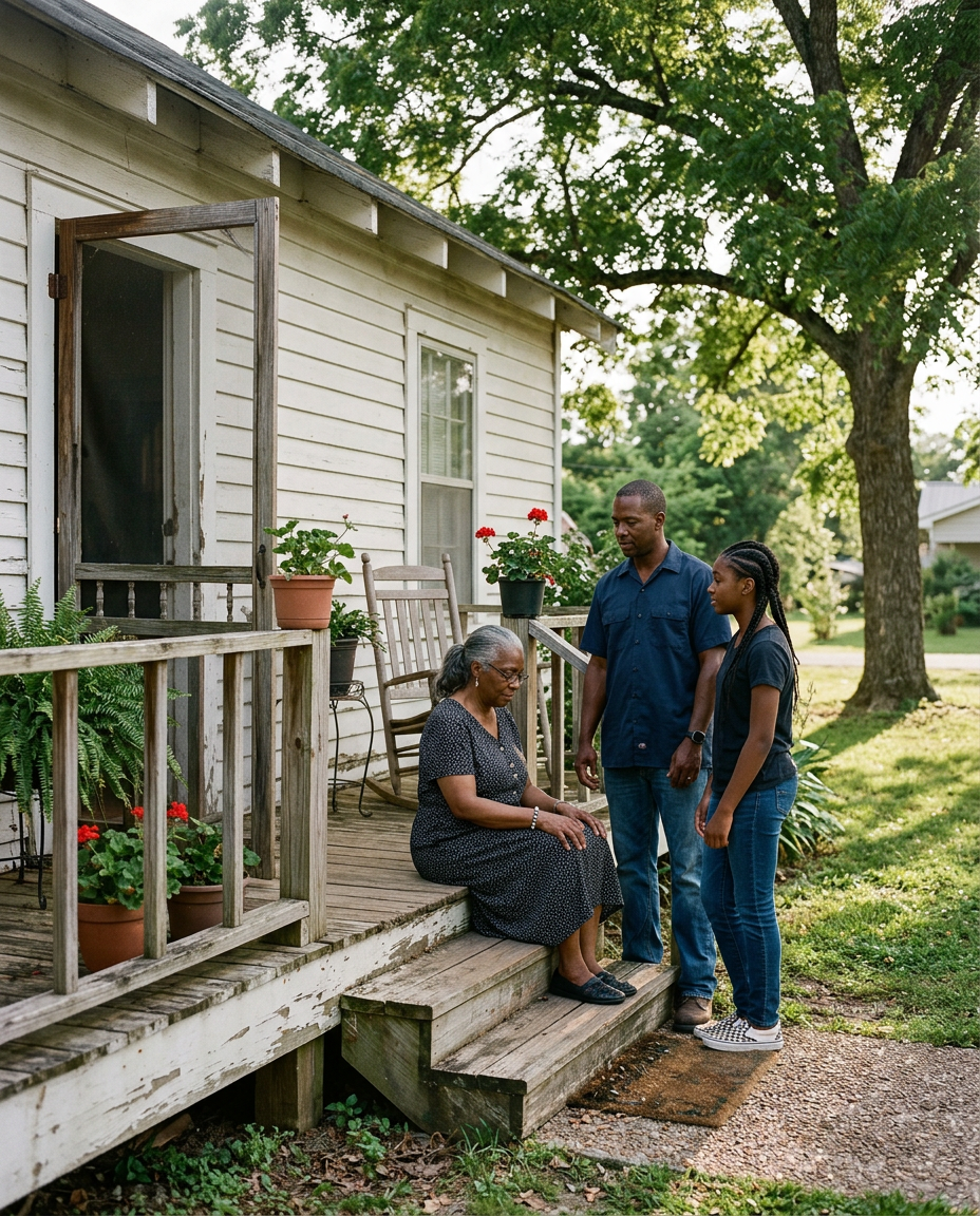 Three generations of a Black family standing together on the front porch of their family home