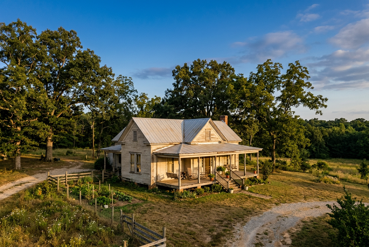 A weathered white farmhouse with a deep porch on family land, surrounded by oak trees and a fenced garden