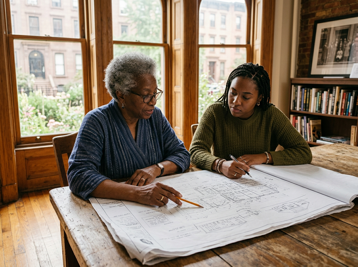 An elder and a young woman reviewing architectural plans for a family property